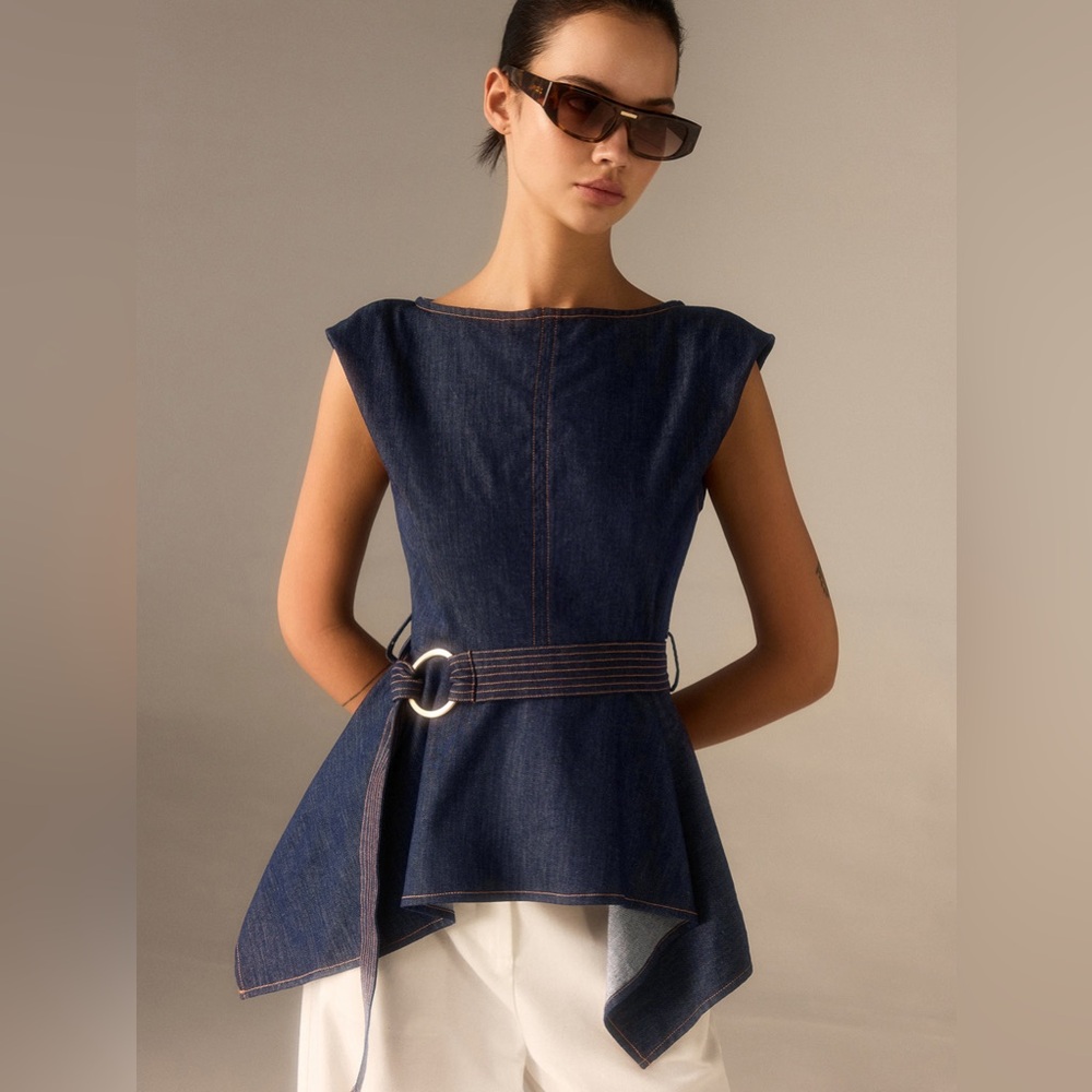 Denim Peplum Belted Top with Asymmetric Hem